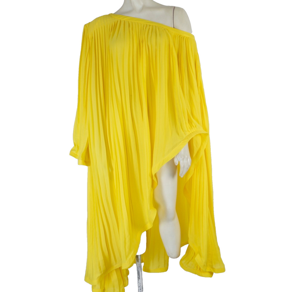 Rowen Rose Yellow Ruched Mini Dress Long Sleeve Structured Shoulder Designer 36